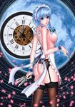  absurdres alternate_hair_color apron areola_slip areolae ass back between_fingers blue_eyes blue_hair bow braid breasts cherry_blossoms clock covered_nipples dagger fantasy frilled_apron frills full_moon garter_belt gears hair_bow highres izayoi_sakuya large_breasts light_particles looking_at_viewer looking_back looking_to_the_side maid_headdress moon naked_apron open_mouth parted_lips petals roman_numerals shiny shiny_clothes short_hair sideboob smile solo thighhighs touhou twin_braids weapon wrist_cuffs ytoy 