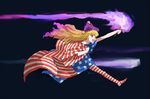  :d american_flag american_flag_legwear blonde_hair clownpiece fire full_body hat highres holding jester_cap long_hair motsuni_(artist) no_shoes open_mouth pantyhose purple_fire red_eyes running smile solo striped striped_legwear torch touhou very_long_hair 