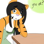  anthro blue_eyes breasts clothed clothing english_text feline female fur looking_at_viewer mammal mcfly0crash open_mouth simple_background small_breasts text thick_eyebrows tiger 