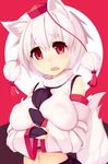  albino animal_ears black_gloves breasts covered_nipples detached_sleeves fang gloves hat inubashiri_momiji japanese_clothes large_breasts long_sleeves looking_at_viewer midriff mikan_(bananoha) navel open_mouth pom_pom_(clothes) red_eyes shirt short_hair solo string tail tokin_hat touhou upper_body white_hair wide_sleeves wolf_ears wolf_tail 
