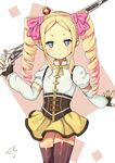  absurdres bad_id bad_pixiv_id beatrice_(re:zero) blonde_hair blue_eyes color_connection corset cosplay crown detached_sleeves drill_hair fingerless_gloves gloves gun hair_color_connection hair_ribbon hairstyle_connection highres long_hair looking_at_viewer mahou_shoujo_madoka_magica mini_crown mugipot over_shoulder re:zero_kara_hajimeru_isekai_seikatsu ribbon skirt solo symbol-shaped_pupils thighhighs tomoe_mami tomoe_mami_(cosplay) twin_drills weapon weapon_over_shoulder 