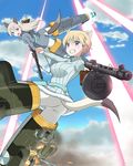  2girls animal_ears blonde_hair blue_eyes brave_witches clenched_teeth commentary_request damaged drum_magazine eila_ilmatar_juutilainen electricity fire fox_ears fox_girl fox_tail gun highres holding_hands kaneko_(novram58) laser looking_at_viewer machine_gun magazine_(weapon) mg42 military military_uniform multiple_girls nikka_edvardine_katajainen open_mouth pantyhose purple_eyes ribbed_sweater smoke strike_witches striker_unit submachine_gun suomi_kp/-31 sweatdrop sweater tail tail_raised teeth uniform weapon weasel_ears weasel_girl weasel_tail world_witches_series 