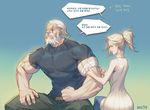  1girl absurdres bandages bare_shoulders beard blonde_hair blue_eyes casual closed_eyes denim dress facial_hair haje highres jeans korean mercy_(overwatch) muscle old_man overwatch pants ponytail profile reinhardt_(overwatch) scar scar_across_eye short_hair sitting sleeveless sleeveless_dress smile source_quote sweater sweater_dress translated white_hair 