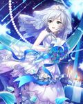  anastasia_(idolmaster) artist_request blue_dress blue_eyes blue_wedding_dress bouquet bridal_veil crown dress earrings flower idolmaster idolmaster_cinderella_girls jewelry necklace official_art petals short_hair silver_hair smile solo strapless strapless_dress veil wedding_dress 