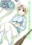  blonde_hair blue_eyes boots box brave_witches broom eila_ilmatar_juutilainen gift gift_box highres knee_boots lying military military_uniform multiple_girls nikka_edvardine_katajainen open_mouth pantyhose ribbed_sweater ribbon strike_witches sweater translated uniform wan'yan_aguda white_footwear world_witches_series 