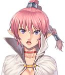  bangs blush braid breasts cape choker chrono_trigger cleavage collarbone fangs flea_(chrono_trigger) high_ponytail long_hair looking_at_viewer medium_breasts nagase_haruhito open_mouth pink_hair pointy_ears ponytail simple_background single_braid solo upper_body white_background 