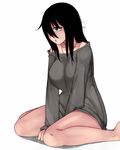  aoshima black_hair breasts commentary_request grey_eyes hair_over_one_eye highres large_breasts long_hair naked_sweater off_shoulder open_mouth original sitting solo sweater wariza 