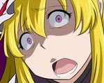  bags_under_eyes blonde_hair close-up commentary_request constricted_pupils eyebrows_visible_through_hair face hat looking_at_viewer mob_cap open_mouth purple_background purple_eyes samuimu shaded_face solo tabard teeth tongue touhou vector_trace yakumo_yukari 