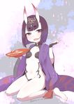  alcohol amamiya_yuumu ankle_ribbon bad_id bad_pixiv_id barefoot black_hair cup fate/grand_order fate_(series) highres horns japanese_clothes kimono midriff navel oni oni_horns open_mouth purple_eyes ribbon sakazuki sake short_hair shuten_douji_(fate/grand_order) sitting solo 