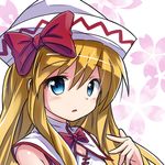  :o alternate_costume bare_shoulders blonde_hair blue_eyes blush bow bowtie capelet china_dress chinese_clothes cleavage_cutout dress hair_bow hat lily_white long_hair looking_at_viewer ryogo solo touhou 