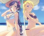  :o ;) ayase_eli bangs beach beach_umbrella bikini blonde_hair blue_eyes blue_sky blush breasts closed_mouth cloud day flower frilled_bikini frills green_eyes hair_down hair_flower hair_ornament hair_scrunchie halterneck hand_on_own_arm hibiscus holding_arm large_breasts lens_flare long_hair love_live! love_live!_school_idol_project low_twintails multiple_girls o-ring o-ring_bikini o-ring_top ocean on_ground one_eye_closed outdoors pink_flower purple_bikini rose sand scrunchie shade shared_umbrella side-tie_bikini sitting sky smile swept_bangs swimsuit tomiwo toujou_nozomi twintails umbrella very_long_hair white_bikini 