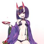  alcohol black_hair chan_co cherry_blossoms cup fang fate/grand_order fate_(series) horns japanese_clothes kimono midriff navel off_shoulder oni oni_horns open_mouth petals purple_eyes sakazuki sake short_hair shuten_douji_(fate/grand_order) simple_background sitting solo white_background 