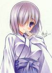  blush breasts dated fate/grand_order fate_(series) hair_over_one_eye hand_on_own_face japanese_clothes kimono large_breasts looking_at_viewer mash_kyrielight purple_eyes purple_hair short_hair signature smile solo yuto_takumi 