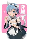  animal_ears blue_eyes blue_hair cat_ears cat_tail chestnut_mouth detached_sleeves fang frills hair_ornament hair_over_one_eye hair_ribbon headdress heart looking_at_viewer maid open_mouth re:zero_kara_hajimeru_isekai_seikatsu rem_(re:zero) ribbon shake_sawa short_hair solo tail x_hair_ornament 