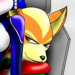  anthro black_nose blue_fur breasts brown_fur canine chameloshi duo female fox fox_mccloud fur green_eyes hair_ornament krystal low_res male mammal nintendo riding_crop side_boob smile star_fox video_games whip white_fur 