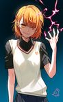  alternate_color alternate_costume asymmetrical_bangs bangs black_shirt cardigan dengeki_bunko_fighting_climax electricity evil_smile gradient gradient_background looking_at_viewer misaka_mikoto orange_eyes orange_hair player_2 rod_(rod4817) school_uniform shirt smile solo to_aru_kagaku_no_railgun to_aru_majutsu_no_index 