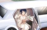  artist_request bare_shoulders black_eyes blue_hair bouquet breasts cleavage collarbone dress flower gloves idolmaster idolmaster_cinderella_girls idolmaster_cinderella_girls_starlight_stage jewelry limousine medium_breasts necklace official_art short_hair sitting smile solo wakui_rumi wedding_dress white_gloves 