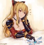  bad_hands bare_shoulders black_bow blonde_hair blush bow breasts chin_rest cleavage commentary_request detached_collar empty_eyes gauntlets granblue_fantasy hair_bow large_breasts lialight long_hair pauldrons ponytail red_eyes sidelocks solo twitter_username upper_body vira_lilie 