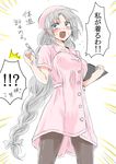  /\/\/\ 1girl :d alternate_costume black_legwear blue_eyes blush braid breasts clipboard cowboy_shot emphasis_lines grey_hair hat large_breasts long_braid long_hair nurse nurse_cap open_mouth pantyhose sketch smile solo sweatdrop thermometer touhou translated unya very_long_hair yagokoro_eirin 