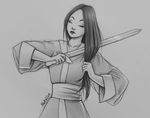 absurdres artist_name chinese_clothes closed_eyes closed_mouth disney fa_mulan_(disney) greyscale highres long_hair monochrome mulan natalico simple_background solo sword traditional_media weapon 