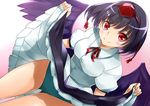  absurdres black_hair black_wings breasts hat highres looking_at_viewer medium_breasts panties red_eyes sawamura_hikaru shameimaru_aya short_hair short_sleeves skirt skirt_lift smile solo tokin_hat touhou underwear wings 