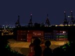  building cargo commentary_request container crane dark from_behind hmm lamppost lights multiple_girls night original scenery shipping_container silhouette tree 