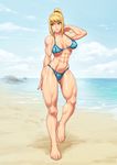  abs barefoot beach bikini blonde_hair breasts cleavage commentary elee0228 english_commentary feet highres large_breasts metroid muscle muscular_female ocean samus_aran solo speh swimsuit toenails toes 