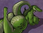  anthro areola big_breasts big_butt breasts butt crocodile crocodilian female growlybeast half-closed_eyes huge_breasts looking_at_viewer looking_back lying nipple_piercing nipples nude on_front piercing reptile scalie smile solo 