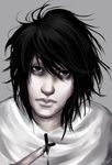  black_eyes black_hair death_note food grey_background l_(death_note) looking_at_viewer male_focus simple_background solo white_shirt 