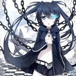  belt black_hair black_jacket black_rock_shooter black_rock_shooter_(character) black_shorts blue_eyes burning_eye chain checkered checkered_floor jacket kaie long_hair looking_at_viewer midriff navel open_mouth short_shorts shorts solo twintails 