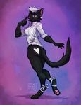  anthro bottomless clothed clothing feline female growlybeast looking_at_viewer looking_back mammal simple_background smile solo standing tongue tongue_out 