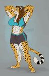  abs anthro cheetah clothed clothing feline female growlybeast half-closed_eyes hands_behind_head looking_at_viewer mammal muscular navel simple_background smile solo standing 