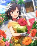  antenna_hair black_hair cloud coconut day flower gloves hair_flower hair_ornament hibiscus idolmaster idolmaster_(classic) idolmaster_million_live! jewelry kikuchi_makoto necklace official_art purple_eyes short_hair sky solo sparkle white_gloves 