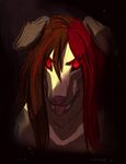  anthro canine fangs female glowing glowing_eyes growlybeast hair mammal red_hair simple_background sketch solo teeth tongue tongue_out 