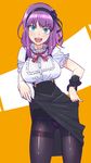  :d ass_visible_through_thighs black_legwear blue_eyes breasts cowboy_shot dagashi_kashi hairband high-waist_skirt highres kuso_otoko large_breasts looking_at_viewer open_mouth panties panties_under_pantyhose pantyhose purple_hair shidare_hotaru short_hair skirt skirt_lift smile solo string_panties thighband_pantyhose underbust underwear v-shaped_eyebrows 