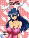  big_breasts blue_(yosh) blue_eyes blue_hair breasts bunny_costume clothed clothing english_text female hair huge_breasts human humanoid long_hair mammal sageofotherworlds smile solo text tight_clothing yosh!_comics 