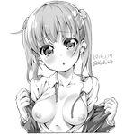 :o blouse blush breasts ekakibito eyebrows eyebrows_visible_through_hair flower greyscale hair_flower hair_ornament highres image_sample md5_mismatch medium_breasts monochrome new_game! open_blouse open_clothes pixiv_sample solo suzukaze_aoba twintails 