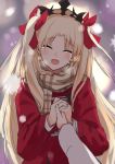  1girl :d blonde_hair bow brown_scarf coat crying diadem ereshkigal_(fate/grand_order) eyes_closed fate/grand_order fate_(series) floating_hair hair_bow hand_holding head_tilt highres igakusei long_hair long_sleeves open_mouth red_bow red_coat scarf sketch smile snowing tears twintails very_long_hair winter_clothes winter_coat 