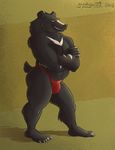  anthro bear bulge clothing crossed_arms fangs growlybeast half-closed_eyes looking_at_viewer male mammal mostly_nude muscular navel simple_background smile solo teeth underwear 