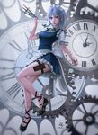  apron bare_legs blue_dress blue_eyes braid clock dress full_body highres izayoi_sakuya knife long_hair looking_at_viewer maid maid_apron maid_headdress mary_janes nose pocket_watch realistic roman_numerals sciamano240 shoes short_dress silver_hair solo thigh_strap touhou twin_braids waist_apron watch watermark web_address 