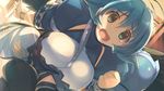  amazuyu_tatsuki aqua_eyes blue_hair bracelet breasts clenched_hand dutch_angle jewelry kamyu large_breasts open_mouth restrained solo tears utawareru_mono utawareru_mono:_itsuwari_no_kamen 