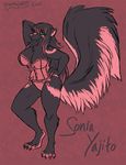  anthro big_breasts breasts clothing corset female growlybeast looking_at_viewer mammal simple_background skunk smile solo standing 
