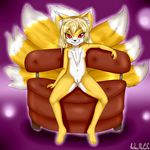  2016 absurd_res anibaruthecat anthro barefoot blonde_hair canine female fox grin hair hi_res humanoid_feet inner_ear_fluff long_hair looking_at_viewer mammal multi_tail navel nude plantigrade pussy red_eyes sitting solo young 