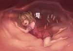 barefoot blonde_hair dress flandre_scarlet heart heart-shaped_pupils inside_creature lying on_stomach one_eye_closed open_mouth red_dress short_hair side_ponytail solo spoken_heart stomach_(organ) symbol-shaped_pupils touhou utopia vore wings 
