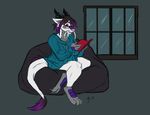  anthro bean_bag book clothed clothing dragon eyewear female glasses growlybeast horn simple_background solo 