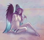  anthro areola breasts elf female growlybeast half-closed_eyes humanoid hybrid navel nipples nude simple_background sitting solo wings 