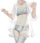  bra breasts claw_pose cleavage collarbone head_out_of_frame levianee lingerie medium_breasts navel original panties see-through simple_background solo thighhighs underwear underwear_only white_background white_bra white_legwear white_panties 