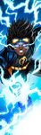  belt black_hair dark_skin dc_comics electricity gloves glowing_eyes goggles goggles_on_head hairlocs male_focus solo static_shock virgil_ovid_hawkins 