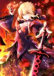  artoria_pendragon_(all) blonde_hair breasts cleavage dark_excalibur dark_persona fate/grand_order fate/stay_night fate_(series) fire gothic_lolita highres lolita_fashion medium_breasts petals saber_alter solo suishougensou sword weapon yellow_eyes 