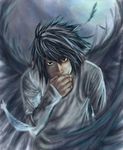  black_eyes black_hair death_note feather feathered_wings hand_over_own_mouth l_(death_note) long_sleeves looking_at_viewer male_focus solo white_shirt 